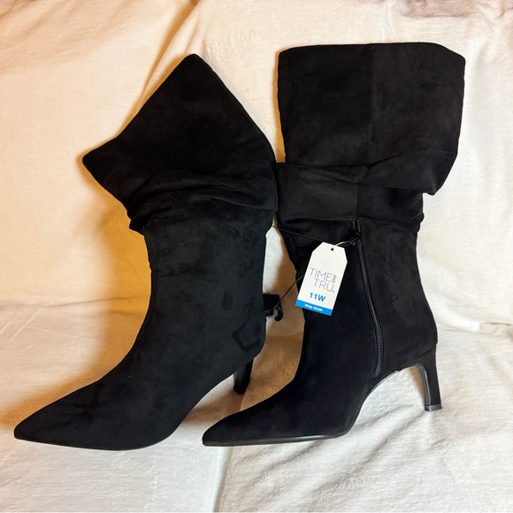 Time and Tru Shoes - Time & Tru Women's Faux Suede Slouch Boots Kitten Heels Black Size 11W - NWT